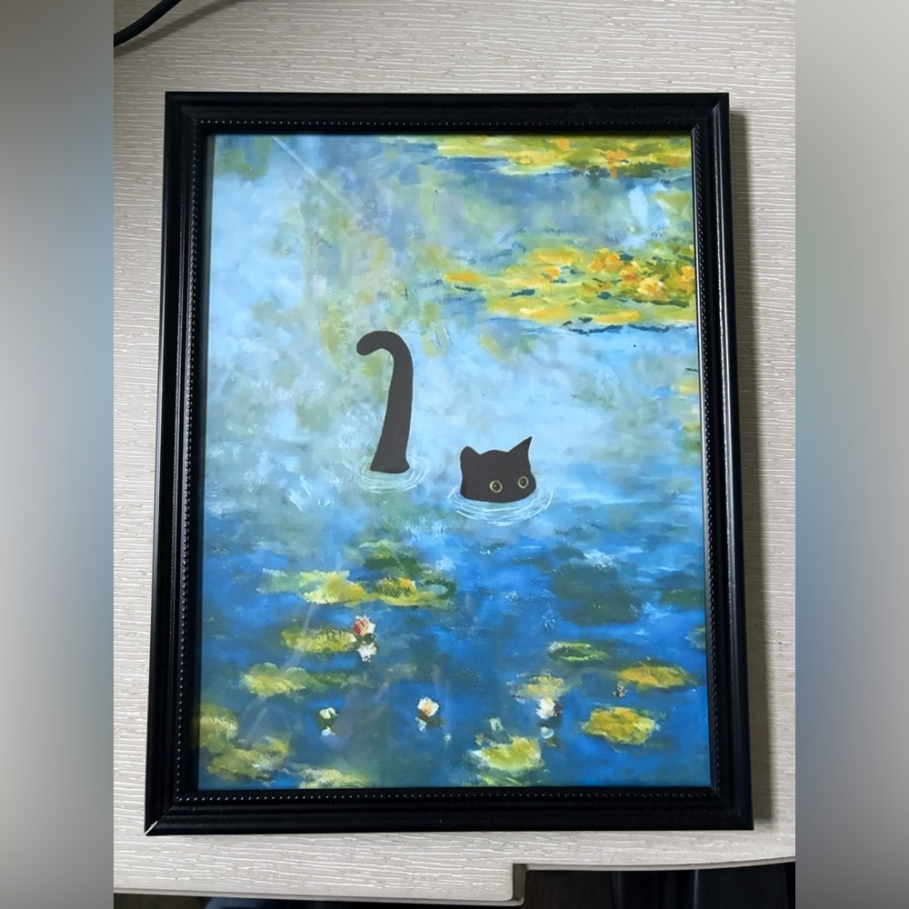 Cat in Waterlilies Monet Framed 8x10” print